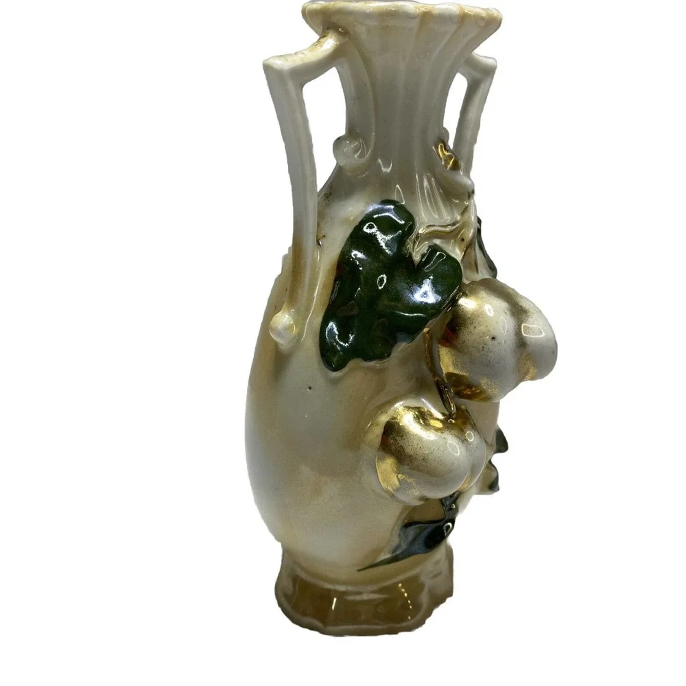 Antique Small Iridescent Two Handled Vase Raised Fruits Leaves Gold G.H. Mumm Co